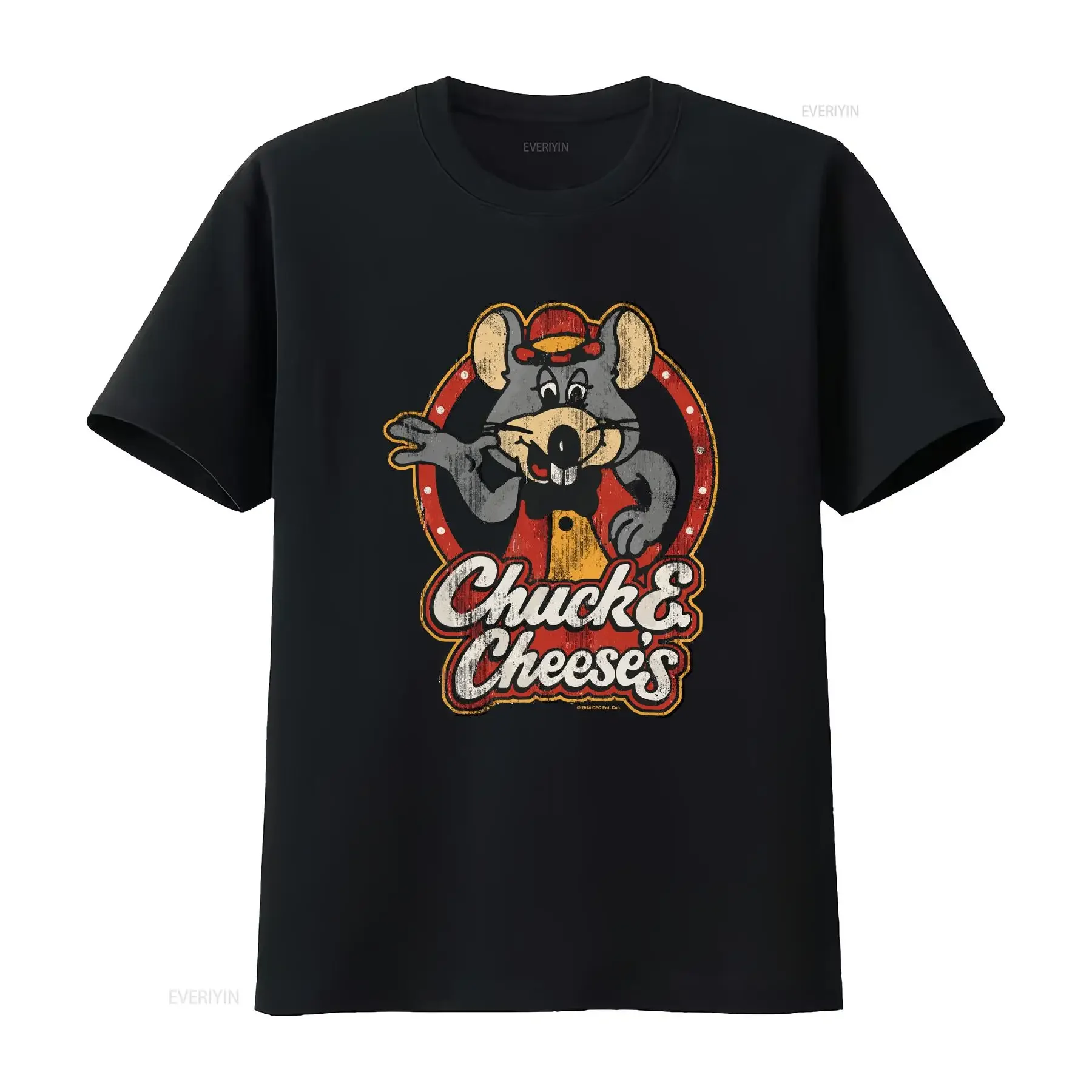 Chuck E Cheese Classic Mascot Portrait Distressed Black Cotton T Shirt S 5XL vintage Washed designer clothes Versatile