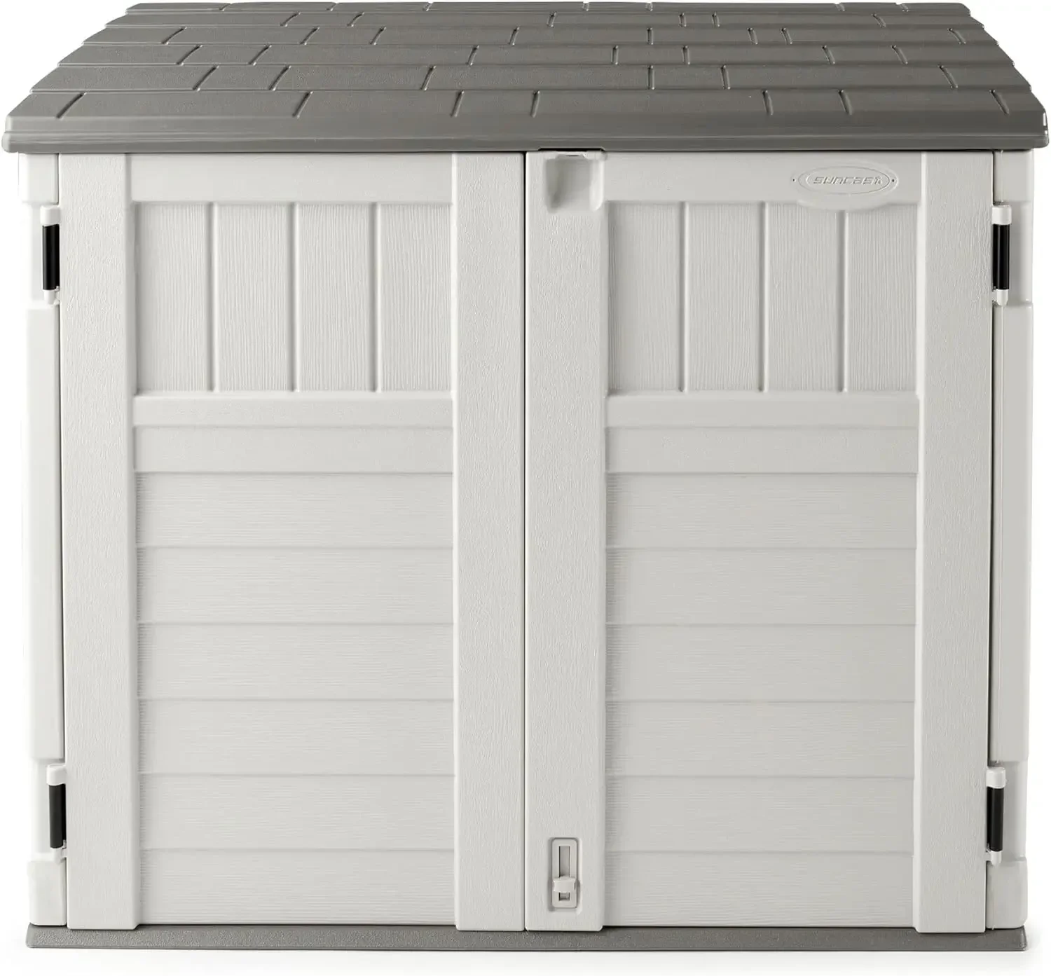

-Horizontal 34 Cubic Feet Plastic Outdoor Storage Shed With Floor And 3 Door Locking System For Backyard,