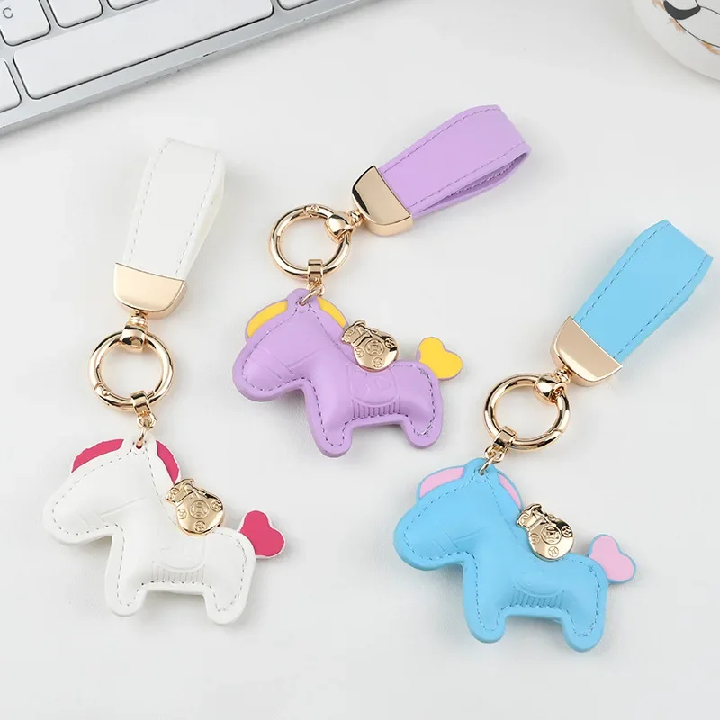 Cute Colorful Pony Leather Keychain Metal Car Key Chains Own Logo Customized Cartoon Horse School Bag Pendant Girl Keyrings Gift