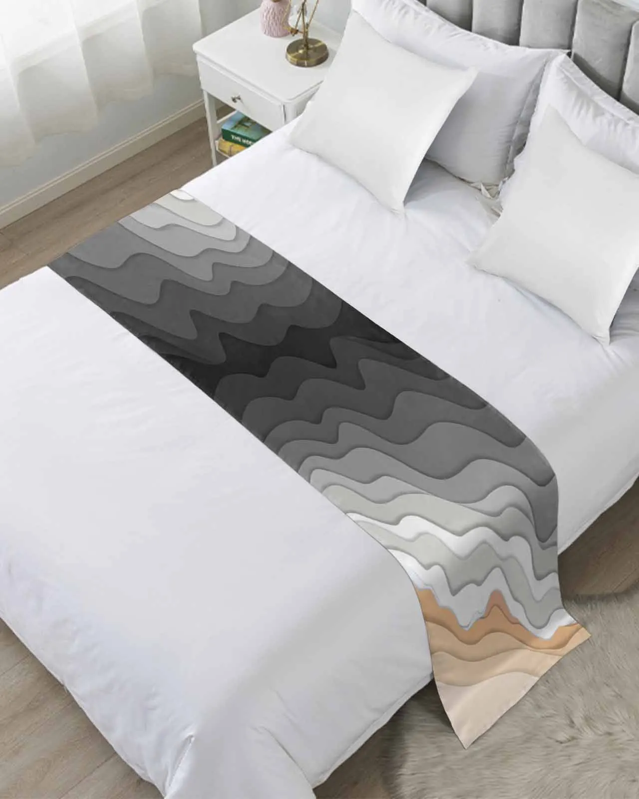 

Gray Waves Gradient Art Bed Runner Luxury Hotel Bed Tail Scarf Decorative Cloth Home Bedroom