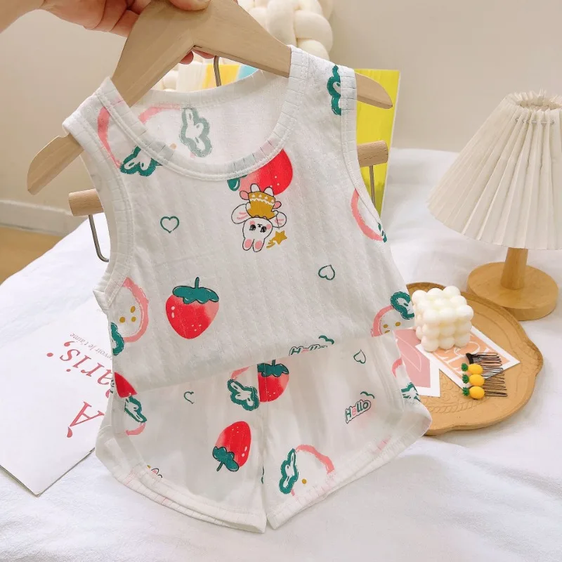 Children Vest Set Summer Thin Pajamas Sets for Kids Cotton Air-Conditioning Boys Girls Loungewear Toddler Sleepwear Baby Clothes