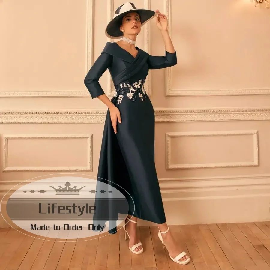 Customized Navy Blue Satin A-Line Robe de Soirée High Low V-Neck Mother Of The Bride Dress Vestidos de Fiesta Elegant Formal Dre