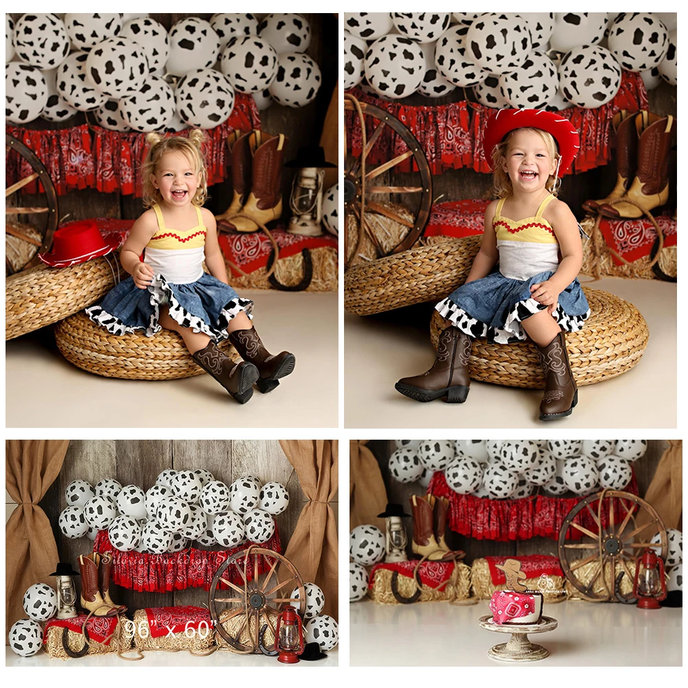 

Western Cowboy Photo Background for First Birthday Cake Smash Photo Studio Props Farm Hay Stacks Balloon Photography Backdrop