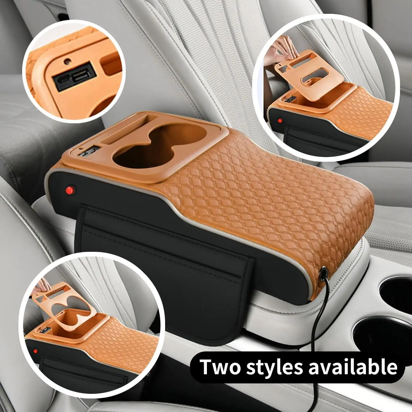 1 Multifunctional Car Armrest Box with Replaceable Cover, Featuring Starry Sky Laser Projection, Side Light-Emitting Strips, Dual Type-C/Usb Charging Ports for Mobile Phones, Easily Transforms into a Cup Holder, Tissue Box, Mini Trash Bin, and a Large Phone Holder. It Is a Practical and Thoughtful Car Accessory.