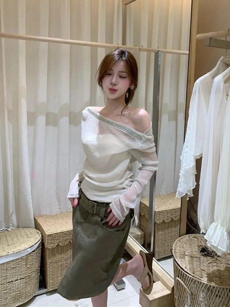 Korean Style Long Sleeve T-Shirt Women Early Autumn Inner Design Pure Desire Shoulder Exposure Absolutely Beautiful Base Top