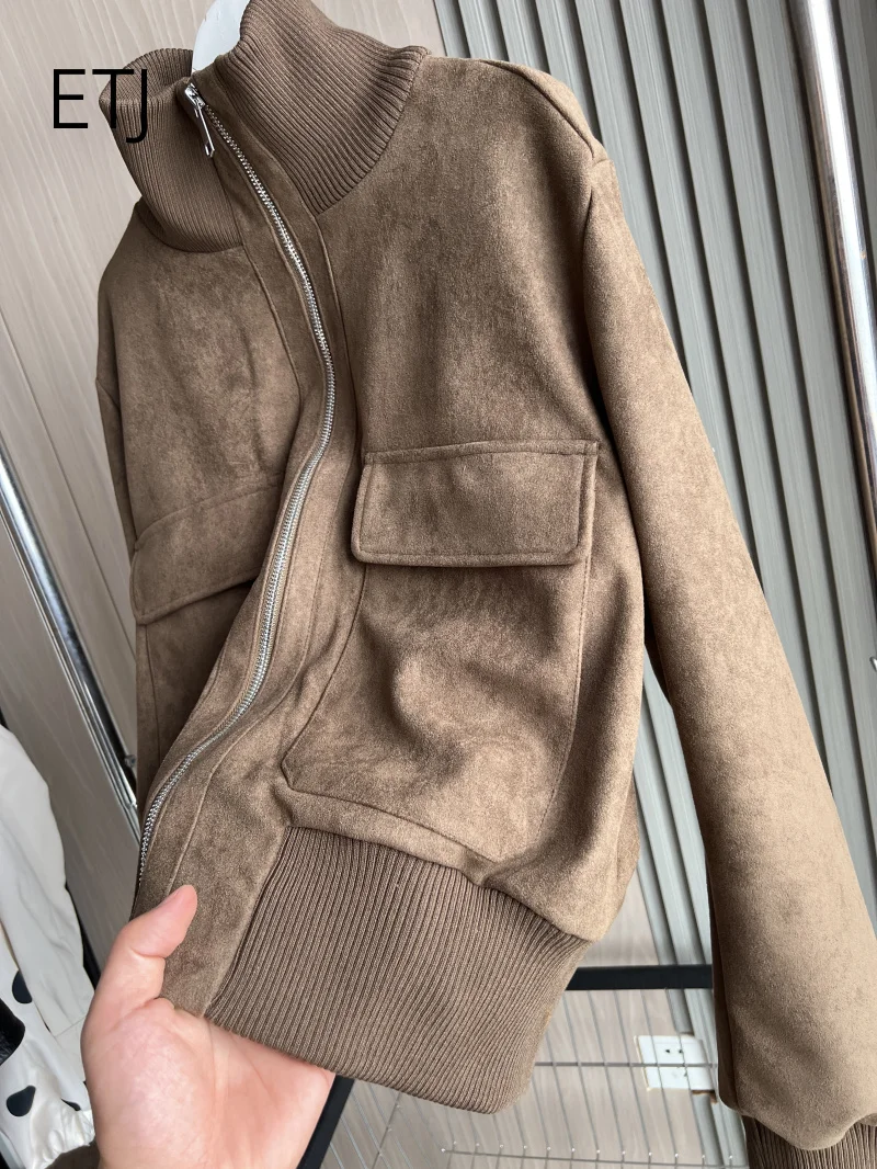 ETJ 2026 Damen Kunstwildlederjacke, kurze Fliegerjacke mit geripptem Saum, Cargotaschen, Reißverschluss, Stehkragen, Vintage-Herbstjacke – Detail 17