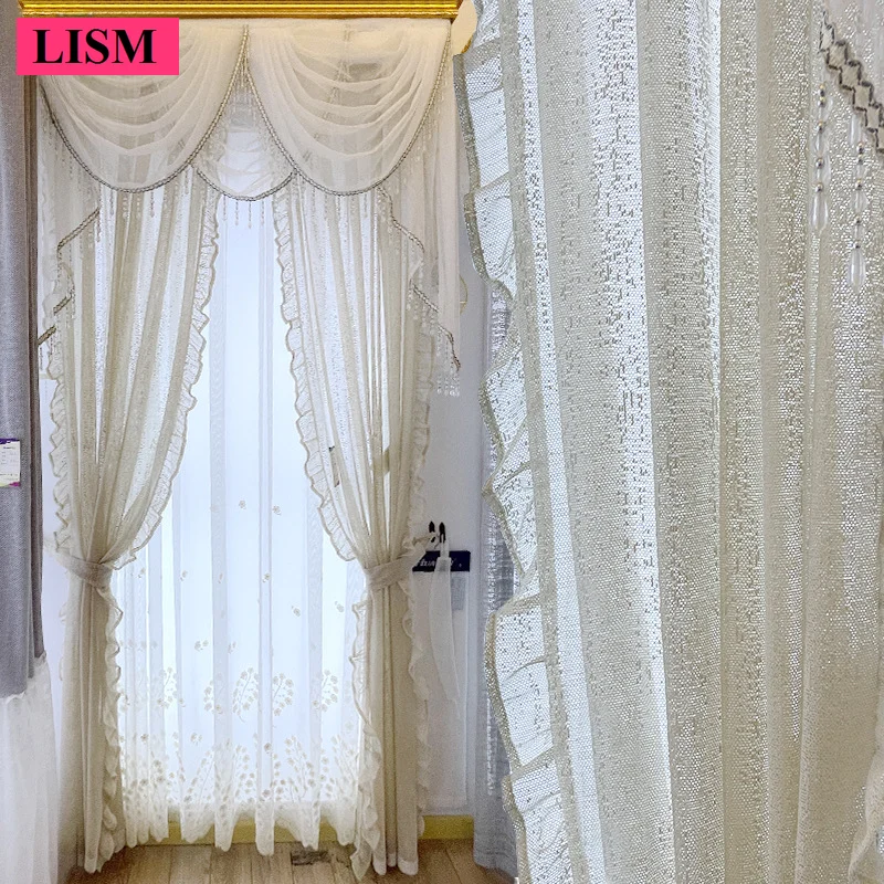 French Luxury Off-white Embroidered Curtains for Bedroom Living Room White Tulle Add Lace Gauze Custom Valance Window Screen Set