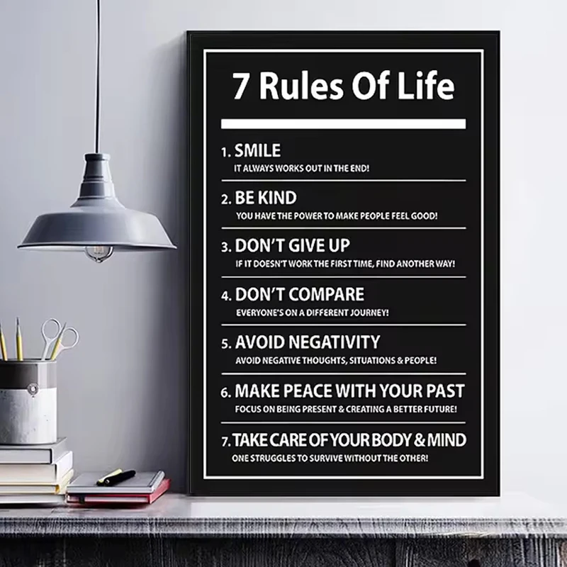 7 Rules of Life Inspiring Letter Paintings Prints Motivational Quote Canvas Poster Black and White Canvas Wall Art Office Decor