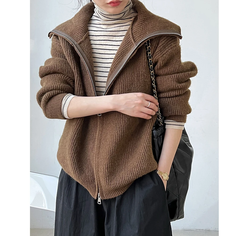 2024 nuove donne colletto rovesciato maglione manica lunga cerniera design cardigan vestiti top per le donne maglione invernale pull femme