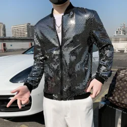 Jas Spring New Sequined Bomber Jacket Men Y2K Long Sleeve Glitter Zipper Thin Coat Hip Hop Night Club Stage Streetwear Coats Man