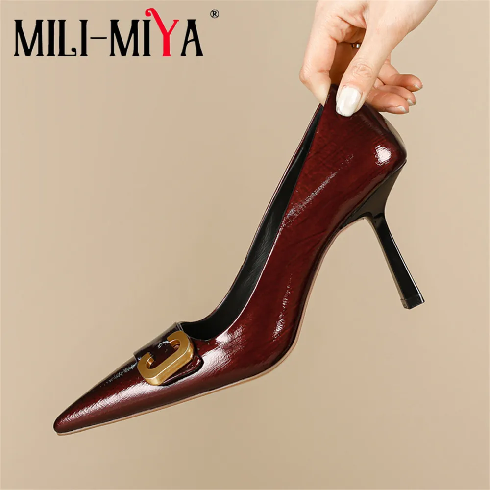 MILI-MIYA Fashion Dress Party Shoes Women Cow Leather Pumps Sexy Thin Heels Slip On Solid Color Pointed Toe Handmade For Ladies