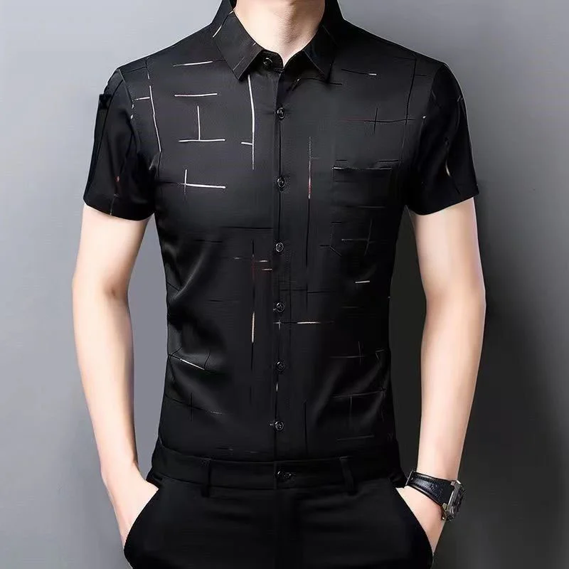 Camisa xadrez de manga curta masculina estampada, roupa masculina, camisa casual com botão gola polo, tendência do escritório de negócios, moda