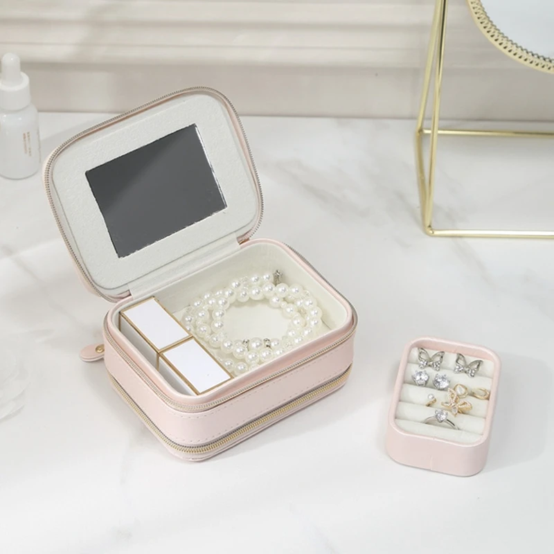 PWS Portable Jewelry Storage Box Organizer Display Travel Jewelry Zipper Case Box Earrings Necklace Rings Jewelry Box