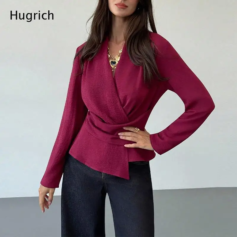 Burgundy Wrap Blouse with V-Neckline and Waist Tie Long Sleeves Textured Fabric Tailored Silhouette for Office and Casual Wear