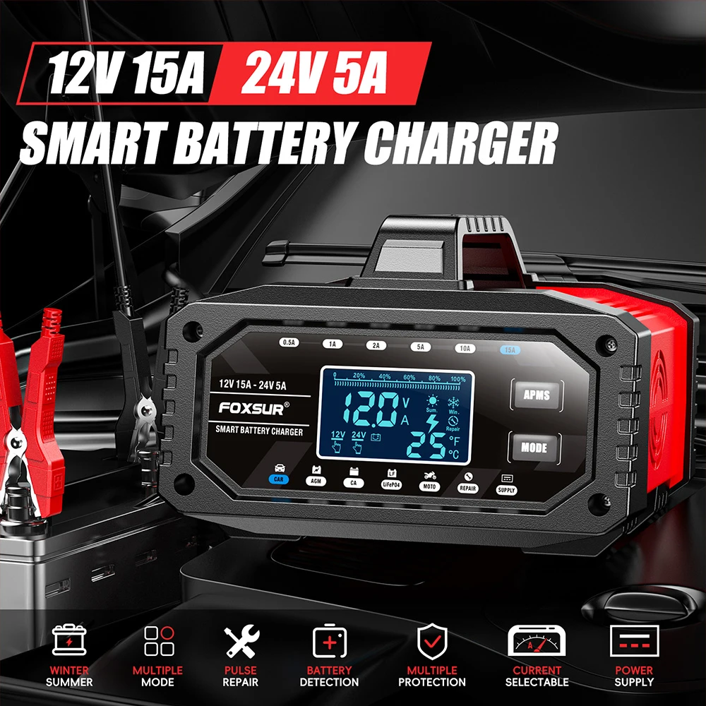 Ładowarka do akumulatorów samochodowych Protect Quick Charger Wiele zabezpieczeń Inteligentny, w pełni automatyczny wyświetlacz LCD 12V/24V
