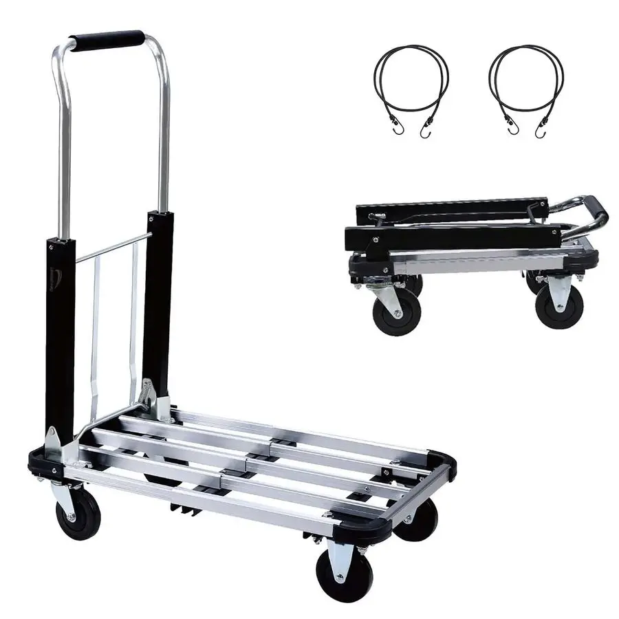

Foldable Push Cart Aluminum Alloy Platform Cart with 4Wheel,Adjustable Length,330LB Capacitywith 2 Ropes