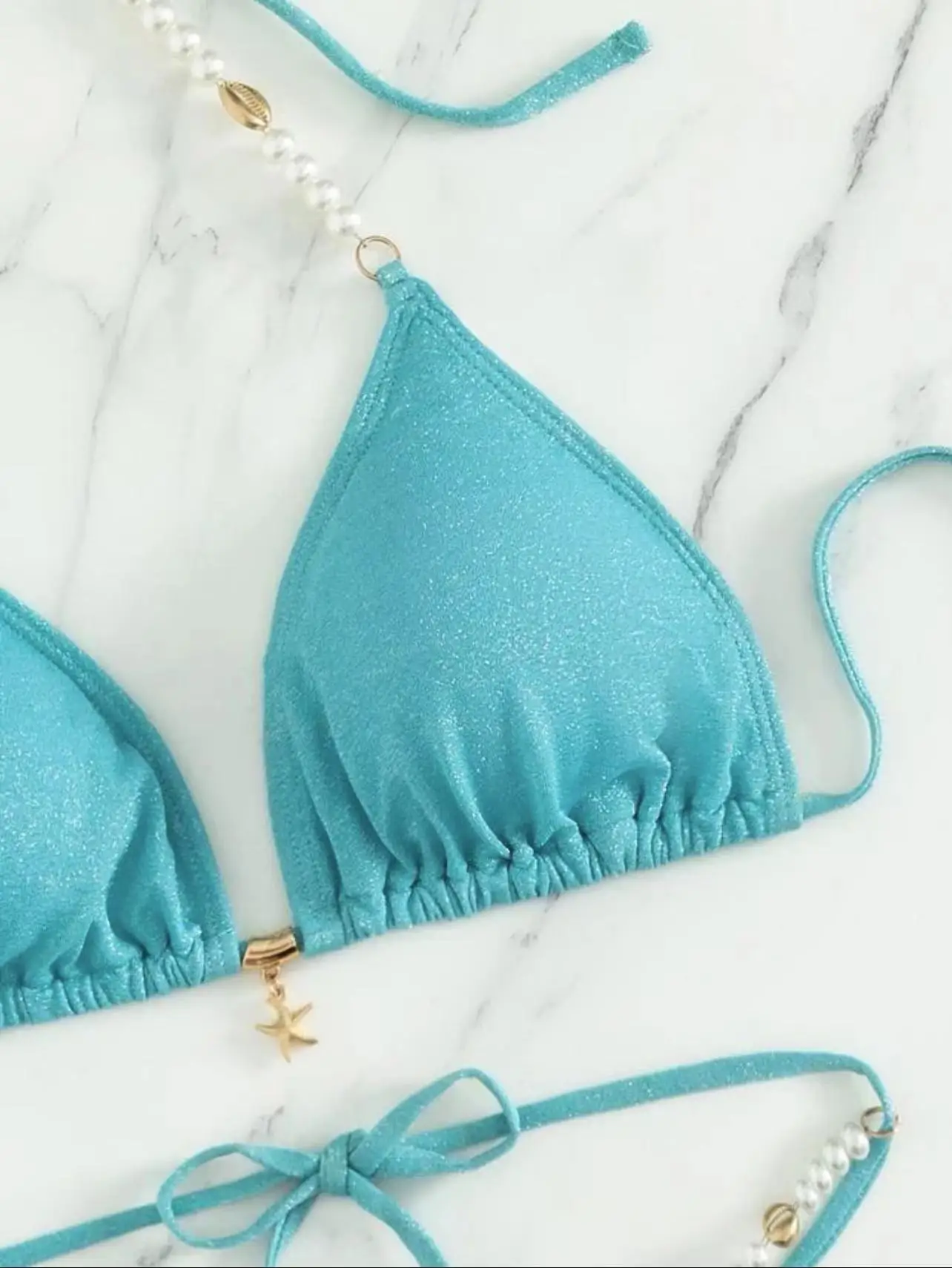 sexy sky blue glitter pearl beads bikinis sets two pieces thong high waist swimsuits bathing suit swimwear biquini tankini
