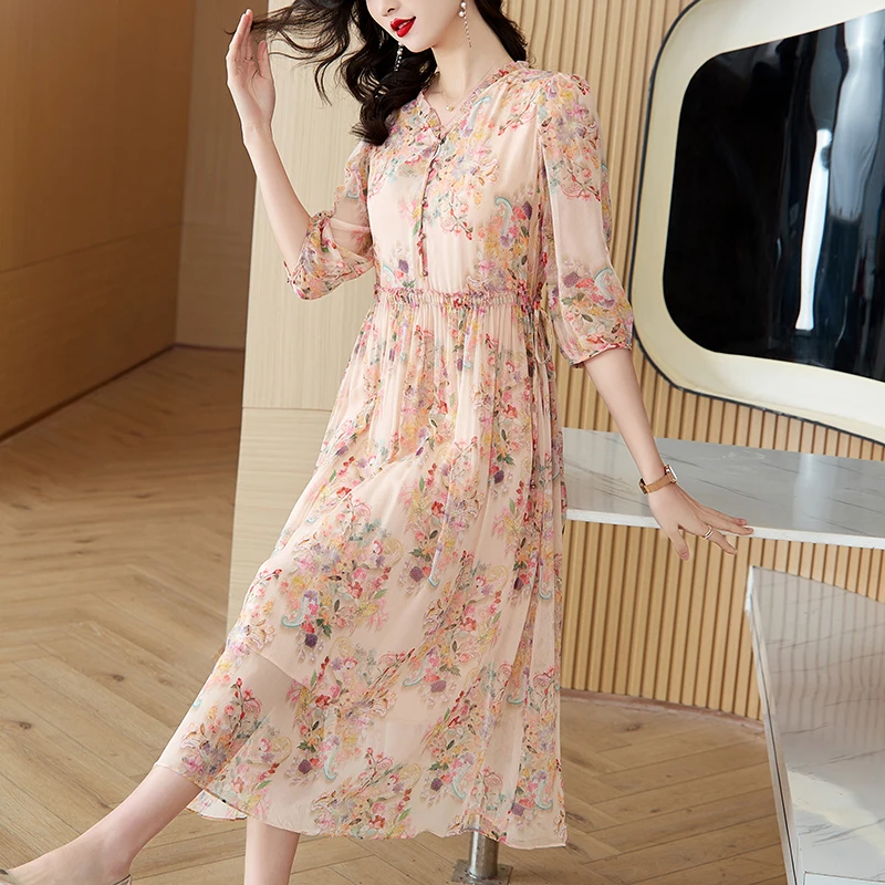 

2024 Summer Luxury Silk Floral Casual Beach Midi Dress Women's Vintage Elegant Evening Prom Spring Holiday Boho Hepburn Vestidos