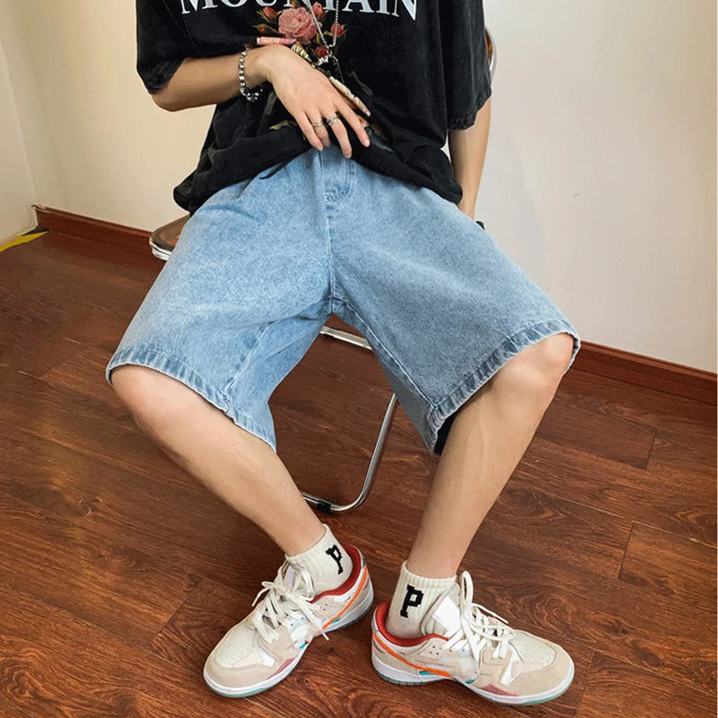 Summer Denim Shorts for Men Korean Harajuku Retro All-Match Baggy Straight Bottoms Wide-Leg High Street Five-Point Jeans Pants