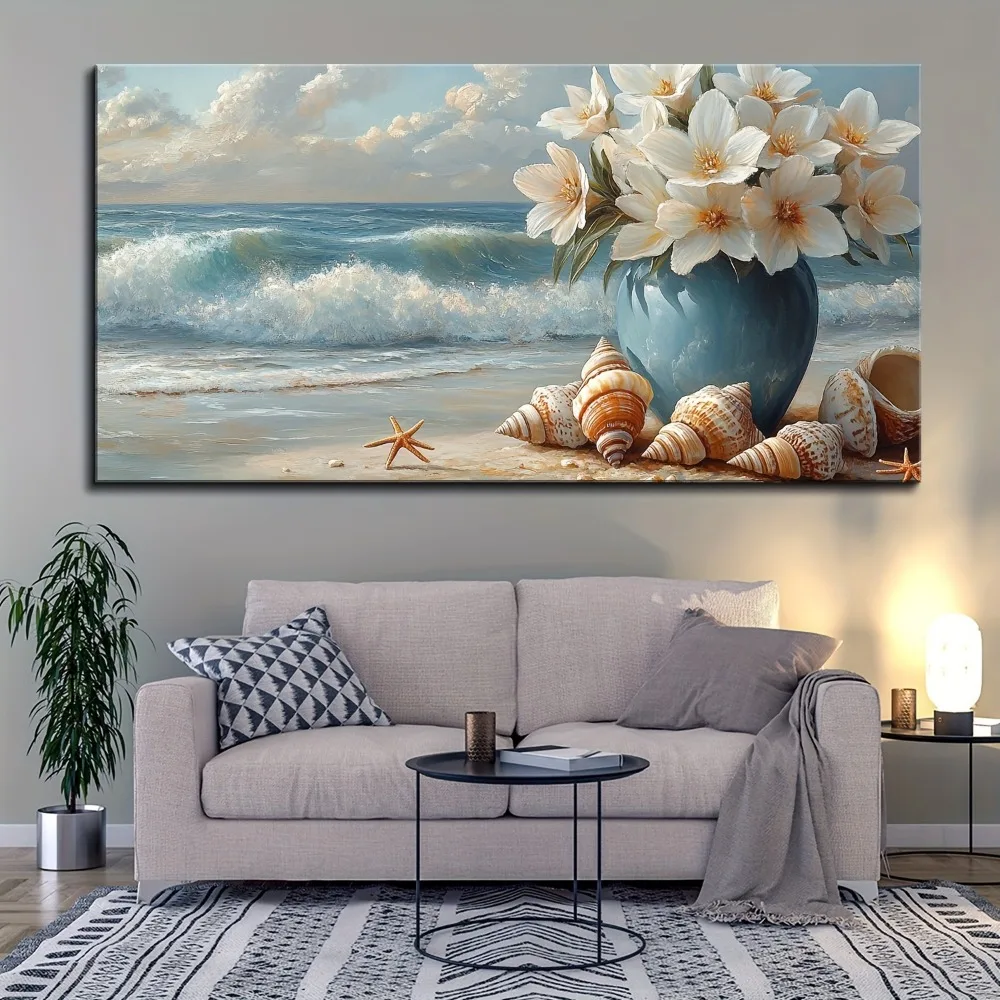 1.5 inch thick pine solid wood frame, beach canvas mural, Marine flower image printed decorative hanging picture