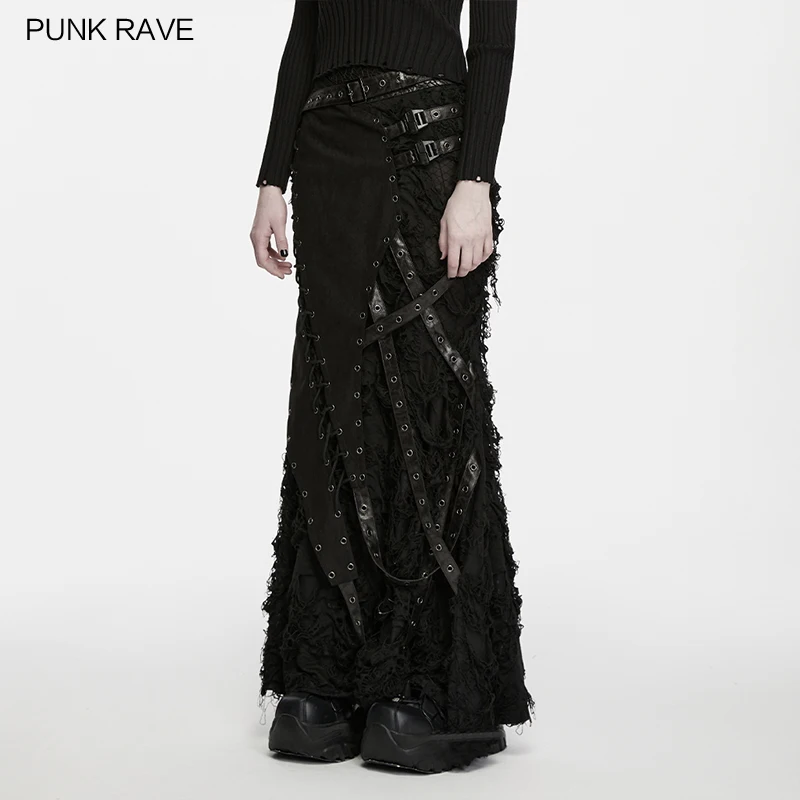 PUNK RAVE Women's Punk Tattered Layers Asymmetric Decadent Skirt Rebellious Atmosphere Irregular Leather Loops Club Long Skirts