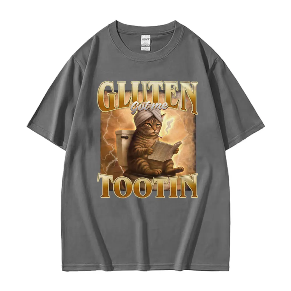 مضحك القط قميص ، الغلوتين حصلت لي Tootin الجرافيك التي شيرت ملابس للرجال الصيف عادية موضة خمر تي شيرت للجنسين تي شيرتات قطن #3