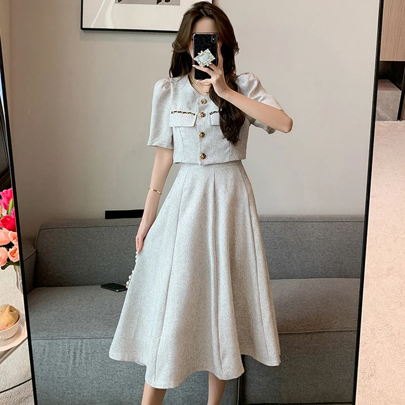 Small Fragrant New Summer Fashion Korean Sweet Elegant 2 Piece Set Women Coat Top + Midi Skirt Suits Womens Two Peice Sets