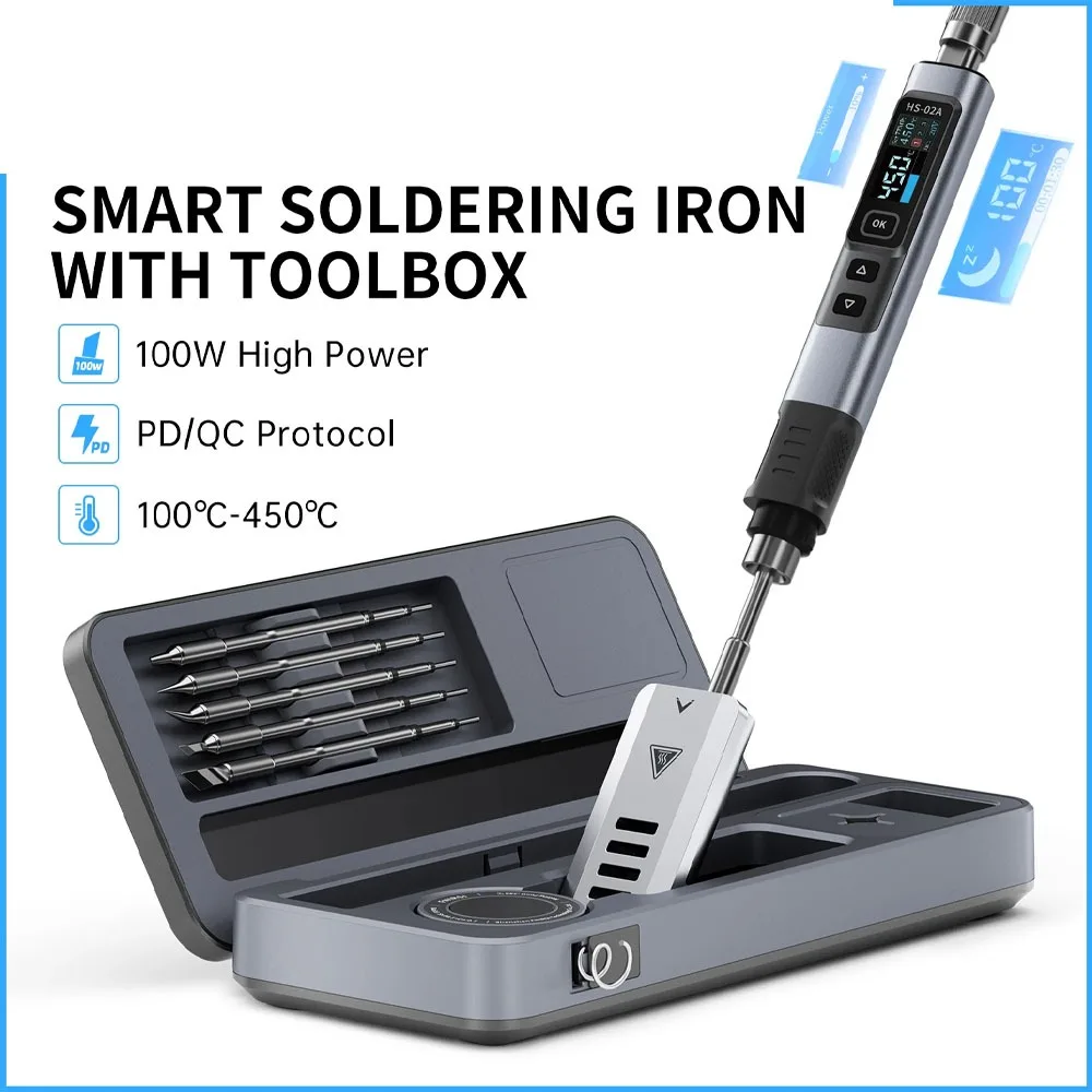 HS-02A Mini Cordless Soldering Iron Kit,100W Power Adjustable Temperature Quick Heating Repair Equipment 100-450℃ forDIY Repair