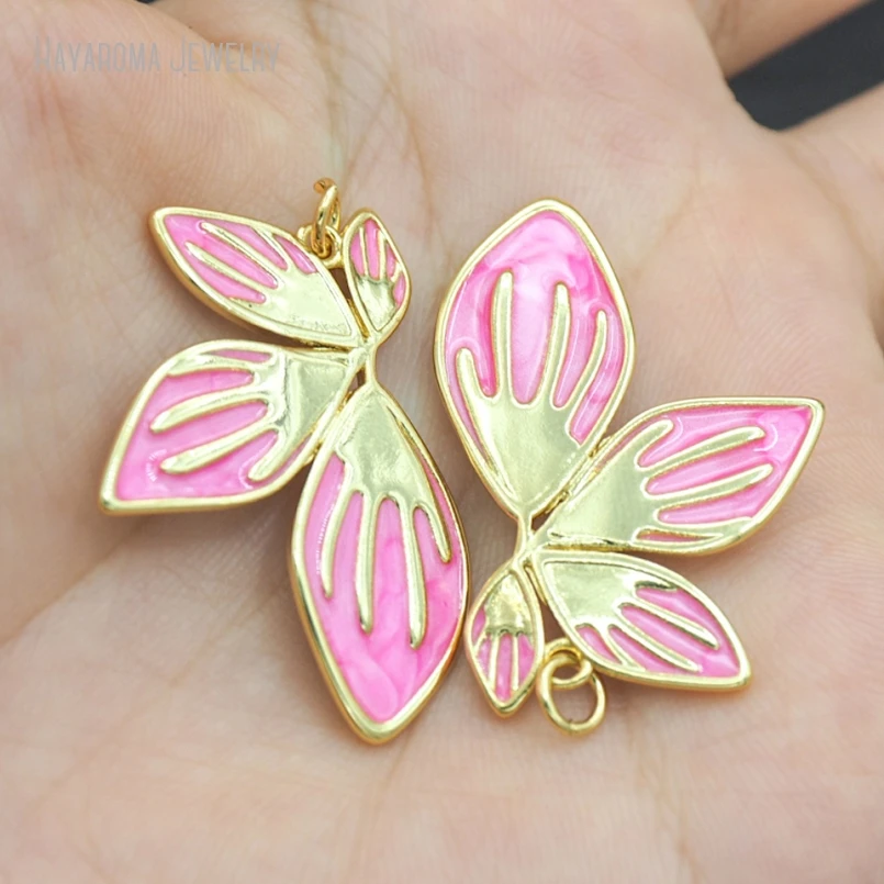 10Pcs Gold Color Pink Metal Leaf Shape Geometric Free Form Wholesale Jewelry Copper Enamel Pendant PM53272