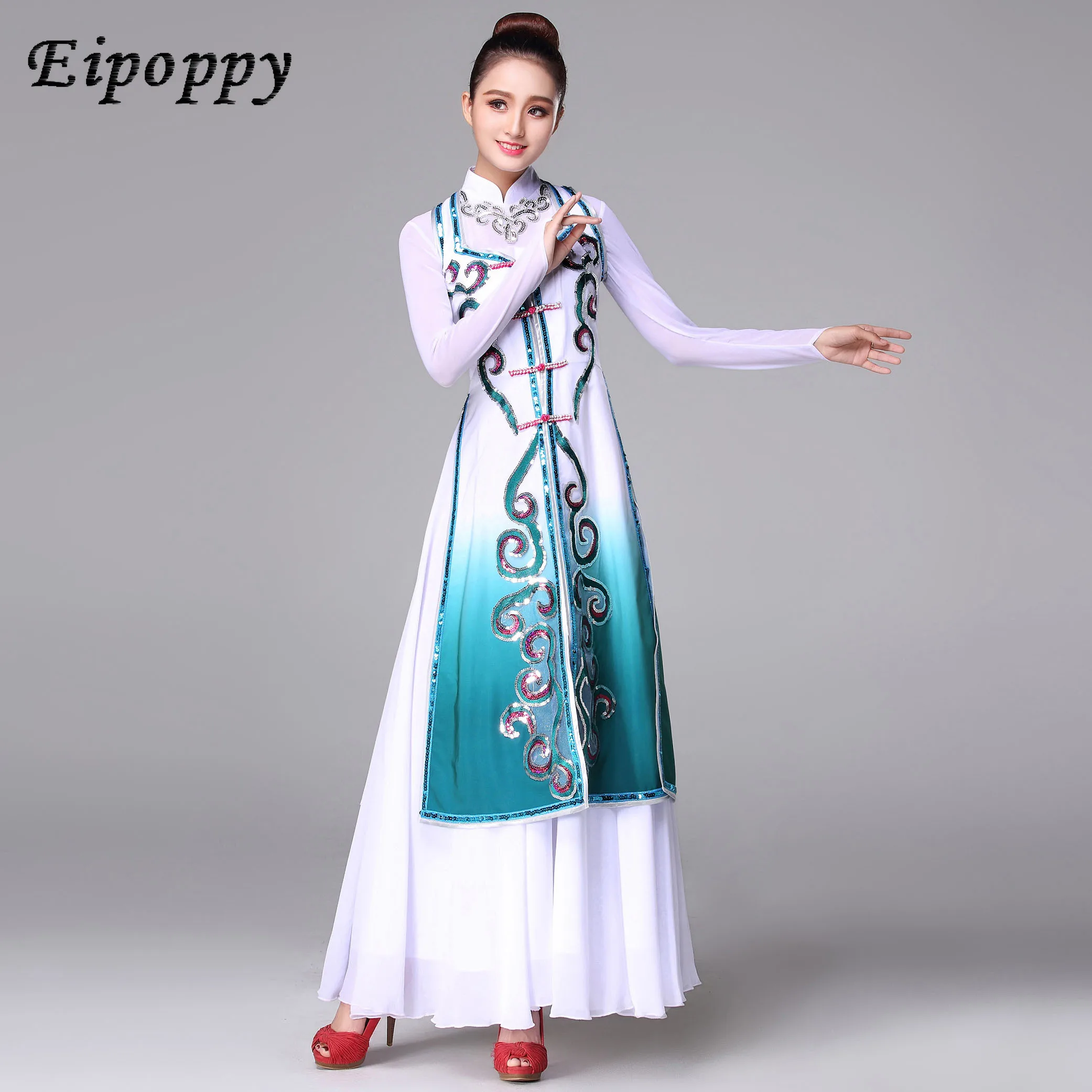 Axing Hui costume da ballo etnico danza nuovo blu e bianco abbigliamento da prestazione etnica di transizione femminile Xinjiang