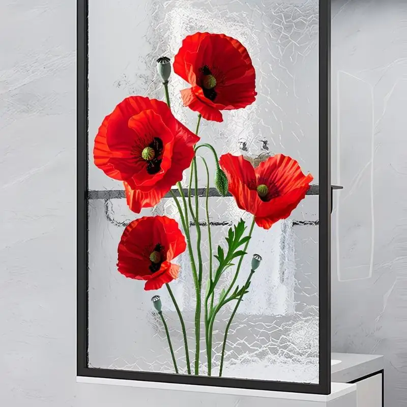 Green Plant Glass Sticker,Flowers Bathroom Shower Room Privacy Decoration Removable Self-Adhesive Wall Decal Home Decor