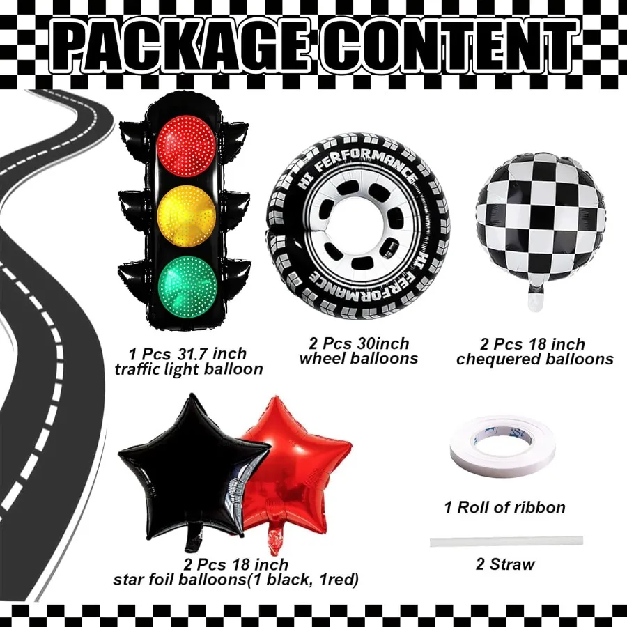 7個入りレーシングカーパーティーバルーンセット、信号機、チェッカーボール、タイヤバルーン、レーシングカーをテーマにしたファストワンツーファスト誕生日パーティー