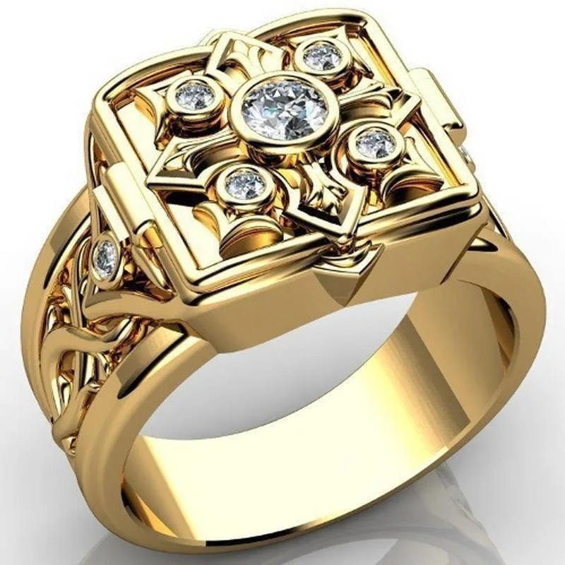 Retro square carved openable ring with hollow patterns and zircon accents for daily/business/dinner men's finger