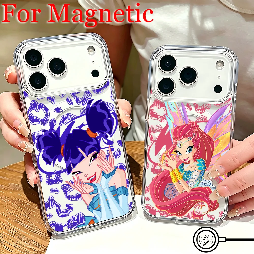 Новый магнитный чехол для телефона W-Winx Club для iPhone 17 16 15 14 13 12 11 8 7 Air Plus Pro Max X XR XSMax, мягкий прозрачный чехол из ТПУ