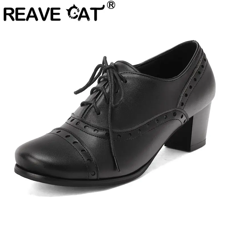 

REAVE CAT Female Pumps Round Toe 6.5cm Block Heels Buckle Strap Mixed Color Large Size 43 44 45 46 Office Lady Sweet Daily Shoes