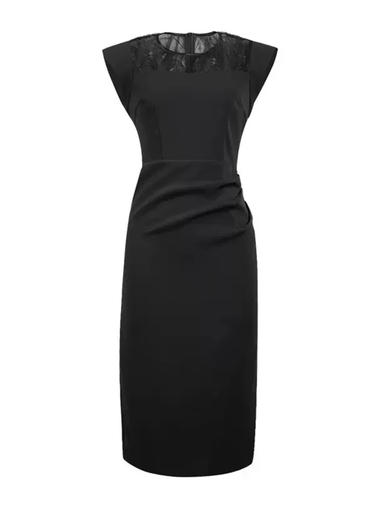 Vestiti delle donne Retro Pizzo Nero Sheer O-Collo Sottile Midi Abito a tubino Elegante Pendolarismo Lady Fashion Vestido Robe Occasione formale Nuovo