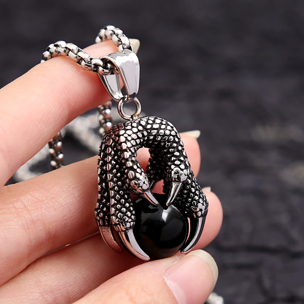 Fashion Punk Dragon Claw Pendant Necklace For Men Women Vintage Stainless Steel Red Crystal Ball Necklaces Party Jewelry Gifts