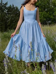 Women Straps Dress Summer Sleeveless Tie Shoulder Corsets High Waist A-line Flowy Long Dresses Maxi for Beach Vacation Party Y2K