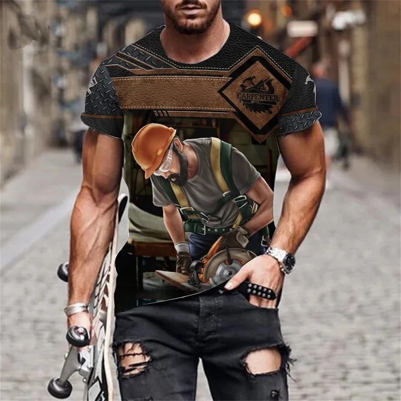 Carpentry Pattern Men's Workwear Style T-Shirts Summer Short Sleeve 3D Printed Casual Tops 6XL Plus Size O-Neck Loose Male Tee