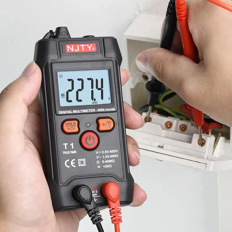 

NJTY Smart Digital Multimeter T1 Mini Metro Auto Range TRMS 4000 Counts AC/DC Voltage Resistance NCV With Back+Flashlight Tester