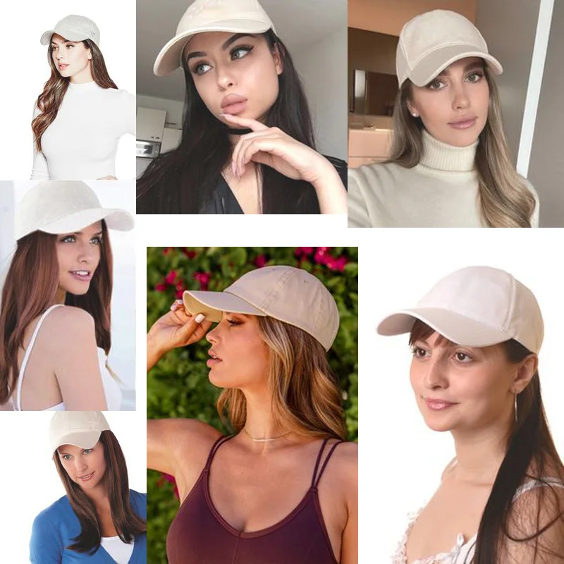 Gorra de béisbol sintética con extensiones de cabello para mujer, sombrero largo y recto, pelucas ajustables, dorado, negro Natural