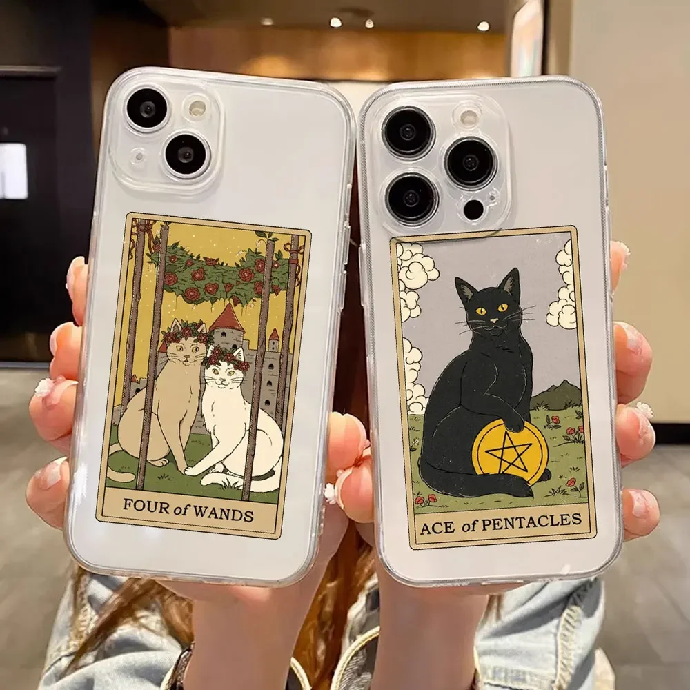 Witches Moon Tarot Mystery Totem Cat Phone Case for IPhone 11 12 13 14 16 15 Pro Max Mini SE2 7 8 Plus X XSMAX Clear Cover Funda