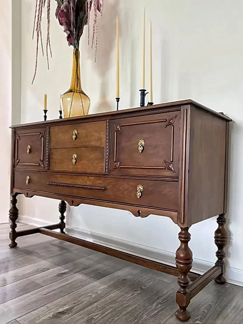 French medieval style solid wood home entrance cabinet, living room partition cabinet, locker integrated against the wall
