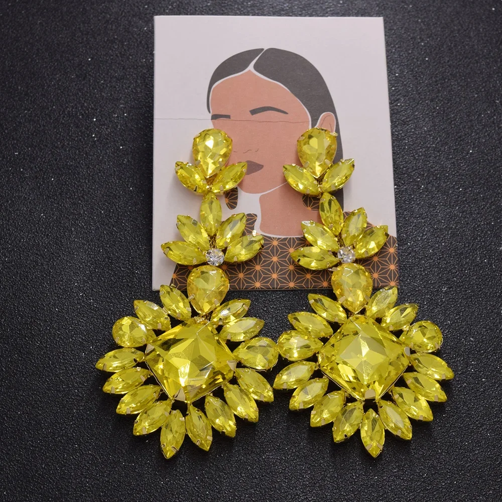 CUIER Yellow Rhinestone Oversize Drop Statement Earring for Women Big size Jewelry for Wedding
