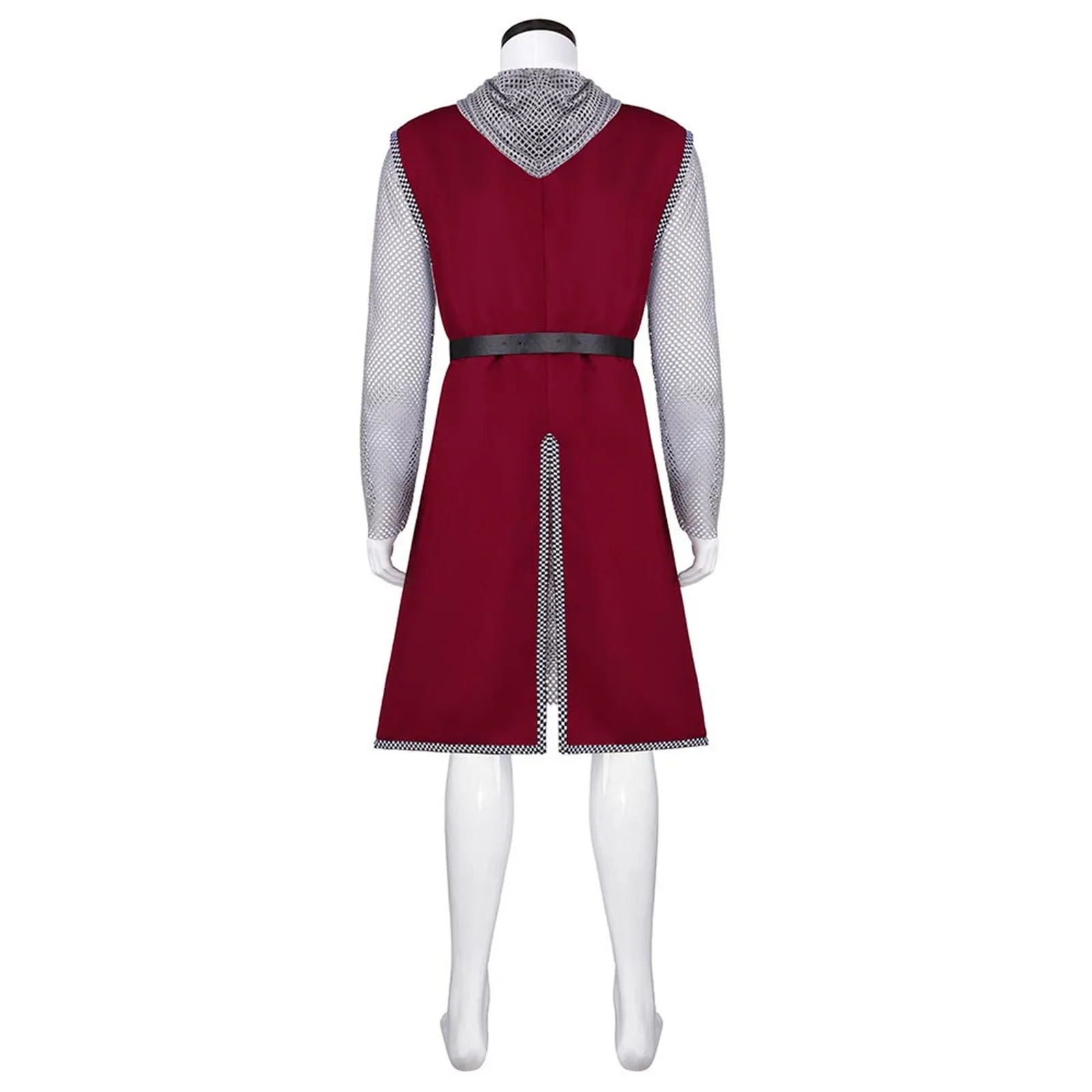 Men Medieval Knight  Wine Red Chainmail Mesh Tunic with Belt Halloween Warrior Cosplay Costume view 3