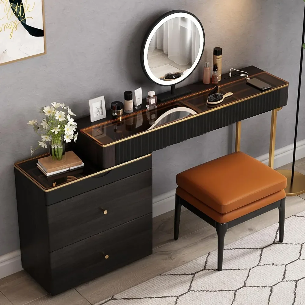 Makeup Vanity、extendable Dresser Set、Dressing Table,Super Storage、LED Lighted Vanity Mirror with ash All Solid Wood