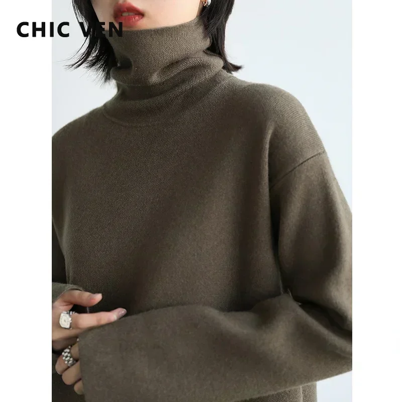 CHIC VEN Soft Waxy High Neck Bottomed Women Knitted Sweater Basic Solid Color Women's Pullover Winter Turtleneck Office Lady Top