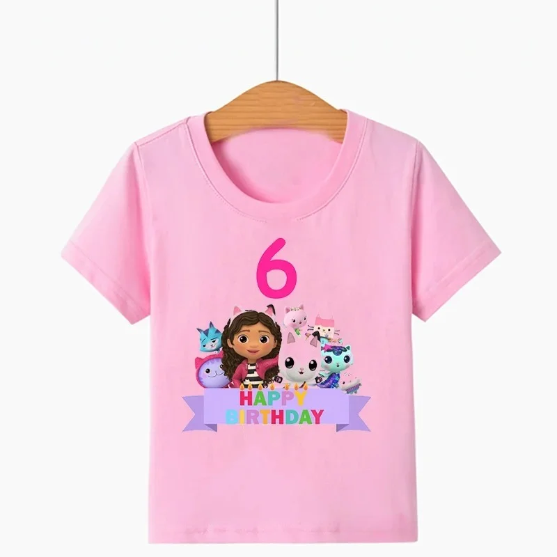 Kawaii Girls T-shirt Gabby Doll House Cartoon Print Summer Pure Cotton T-shirt Children\'s Birthday Clothing 2-14 Year Old Girl