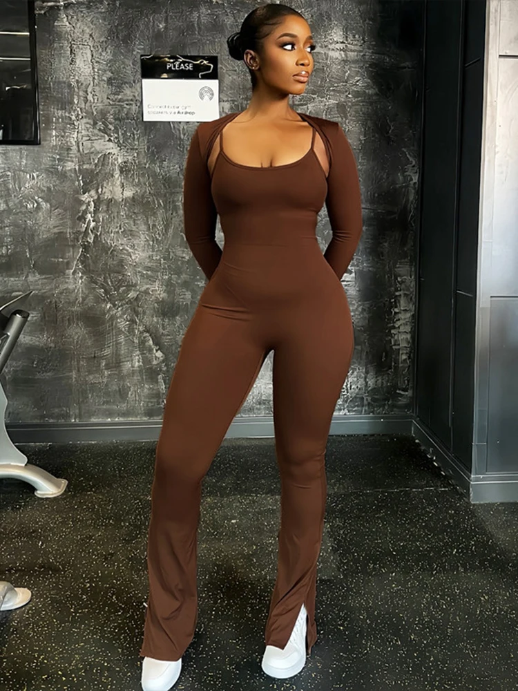 

Whatiwear Casual Simple 2 Piece Set Women Full Sleeve Shawl+Square Collar Sleeveless Skinny Strecth Jumpsuit Street Trend Suits