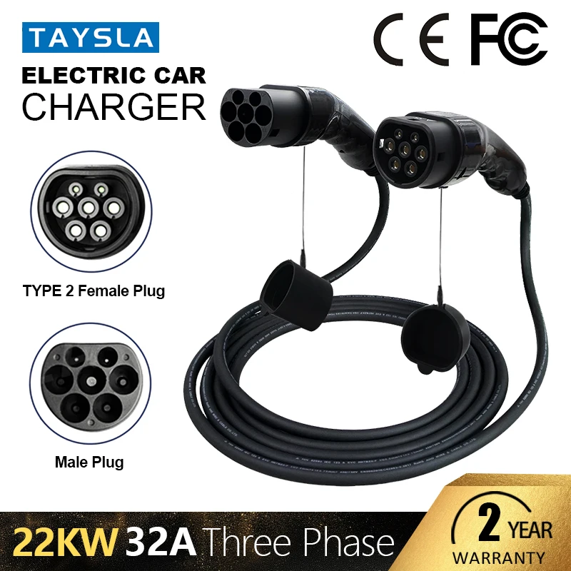 

TAYSLA EV Charging Cable Type 2 32A 22KW Three Phase Electric Vehicle Car Charging Station 5M EVSE Female to Male Plug IEC62196